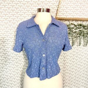 Vtg 90s Blue Daisy Floral Lace Print Flower Button Shirt Stretch Y2K Size 10 M